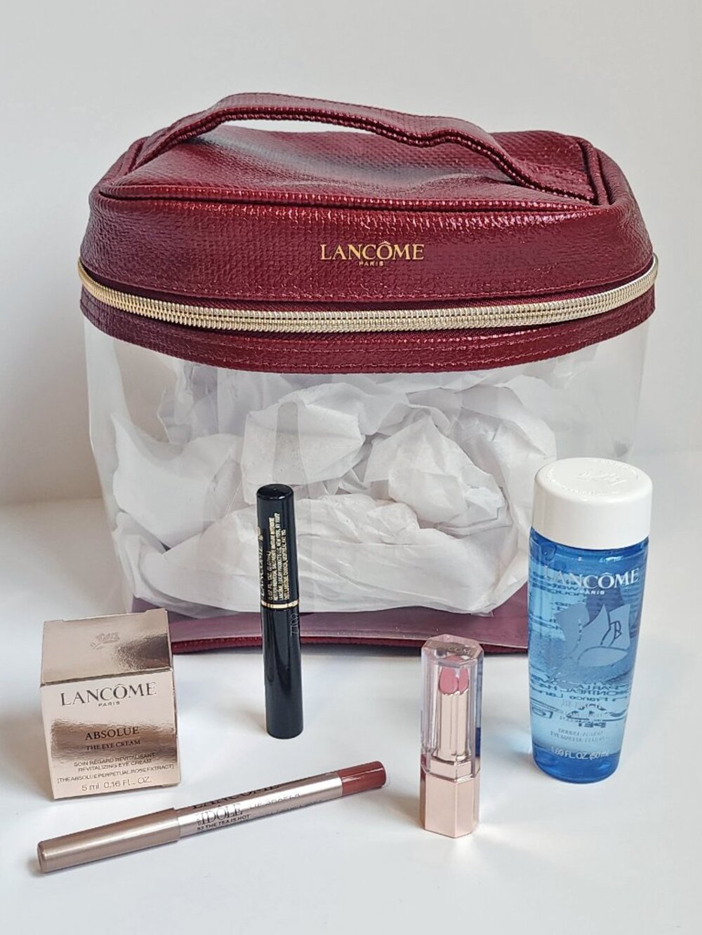 NEW Lancome 6pc Gift Set Absolue Eye Cream Lip Idole Butterglow Makeup Bag